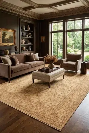 שטיח סופר זיגלר 120, Quiet Luxury (Mocha & Espresso), Contemporary Luxury, Natural Daylight, styled props.